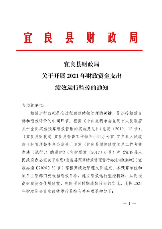 宜良县财政局关于开展2021年财政资金支出绩效运行跟踪监控的通知0000