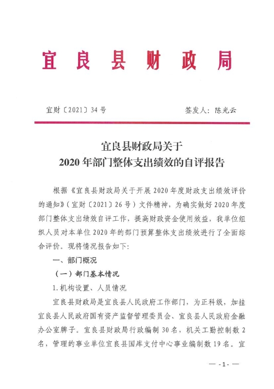 宜良县财政局2020年部门整体支出绩效自评报告0000