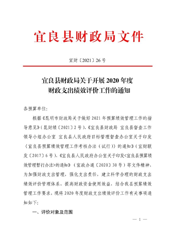 宜良县财政局关于开展2020年度财政支出绩效评价工作的通知0000