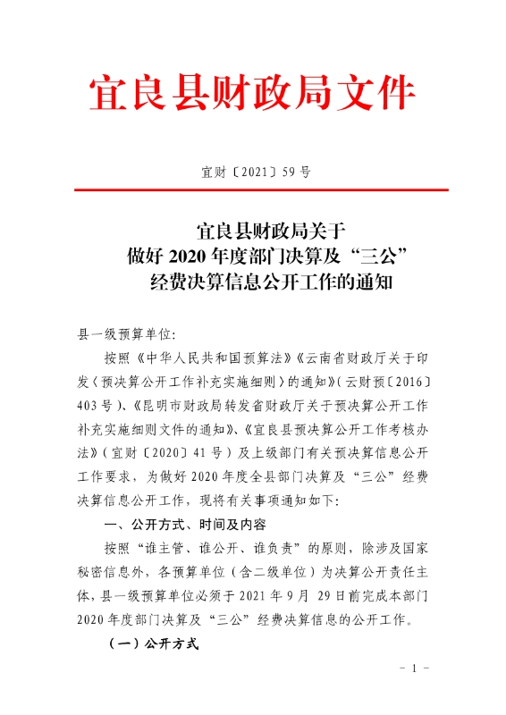 59号宜良县财政局关于做好2020年度部门决算及“三公”经费决算信息公开工作的通知0000