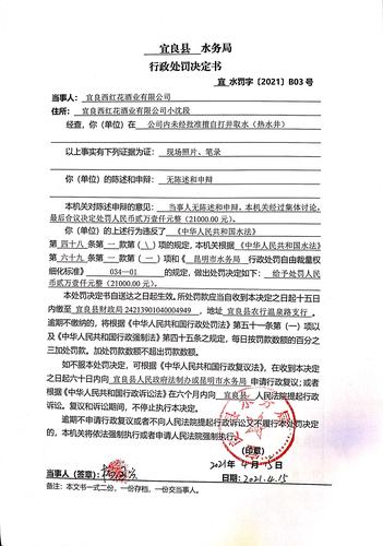 宜水罚字〔2021〕B03号宜良西红花酒业有限公司未经批准擅自取水行政处罚决定书