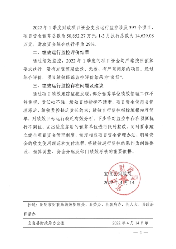 宜良县财政局关于2022年1季度财政项目资金绩效监控情况的通报0001