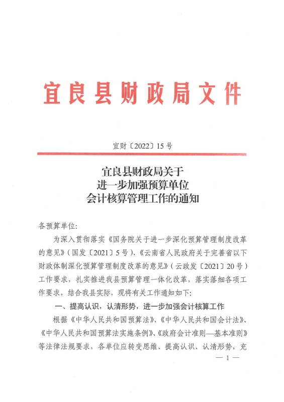 宜良县财政局关于进一步加强预算单位会计核算管理工作的通知0000