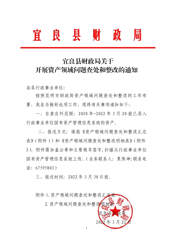 宜良县财政局关于开展资产领域问题查处和整改的通知0000