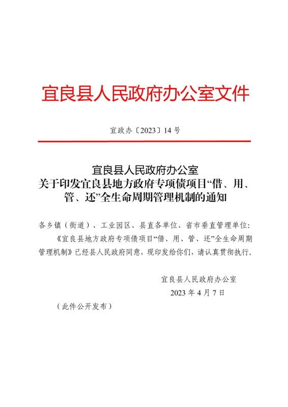 22政办14 关于印发宜良县地方政府专项债券项目“借、用、管、还”全生命周期管理机制的通知0000