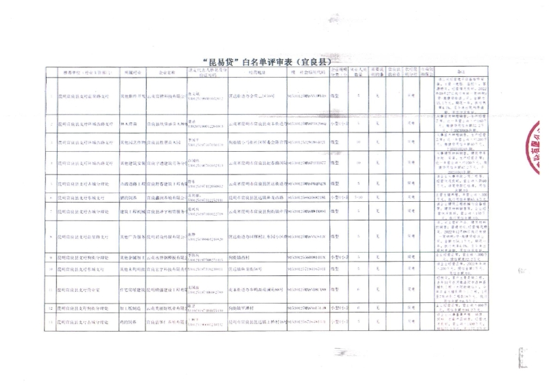 “昆易贷”白名单评审表（宜良县） (2)0000