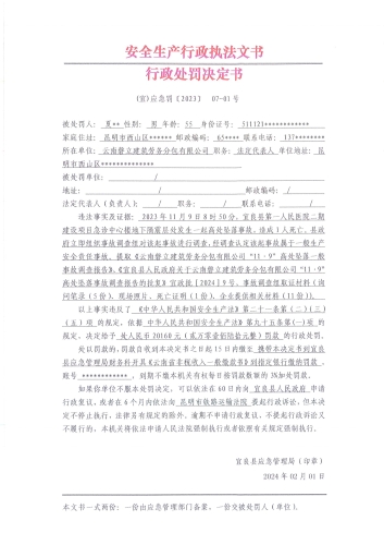 行政处罚决定书(宜)应急罚〔2023〕07-01号  